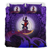 Vanuatu Duvet Cover Set - Vanuatu Coat Of Arms Wave and Hibiscus Purple Red - Polynesian Pride