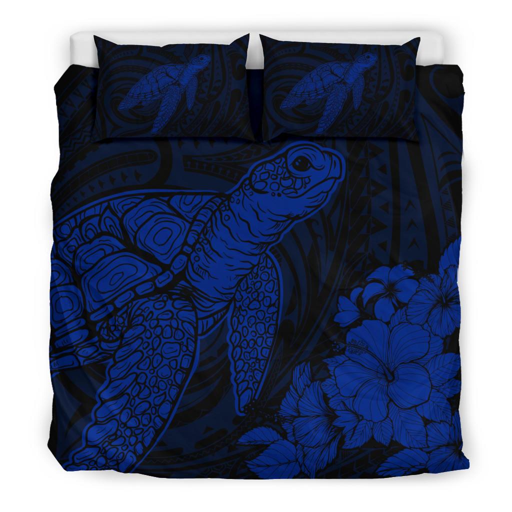 Hawaiian Hibiscus Memory Turtle Polynesian Bedding Set Blue - Polynesian Pride