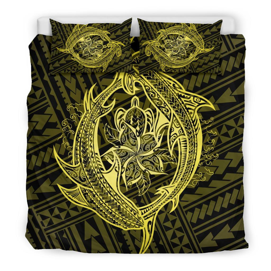 Hawaiian Hamerhead Shark Yin Yang Plumeria Polynesian Bedding Set - Yellow - Polynesian Pride