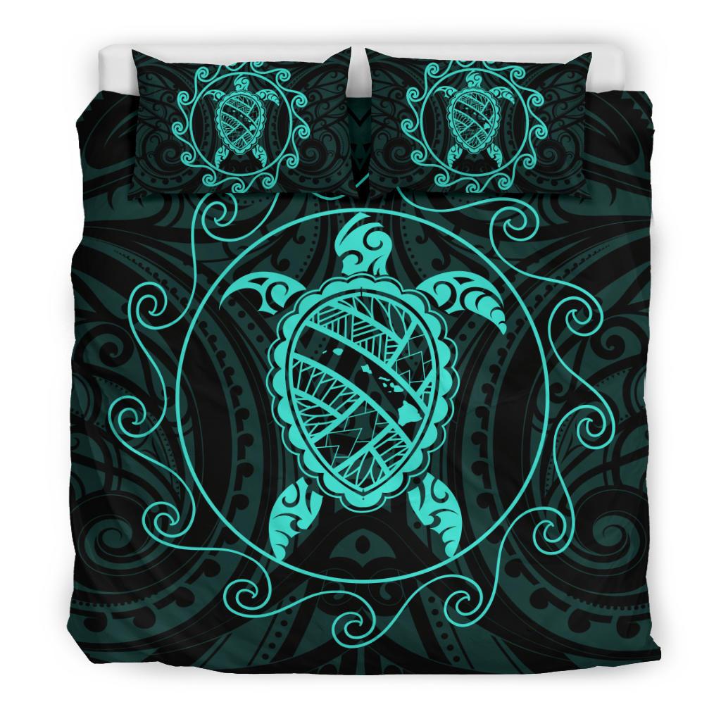 Hawaiian Map Turtle Wave Polynesian Bedding Set Turquoise - Polynesian Pride