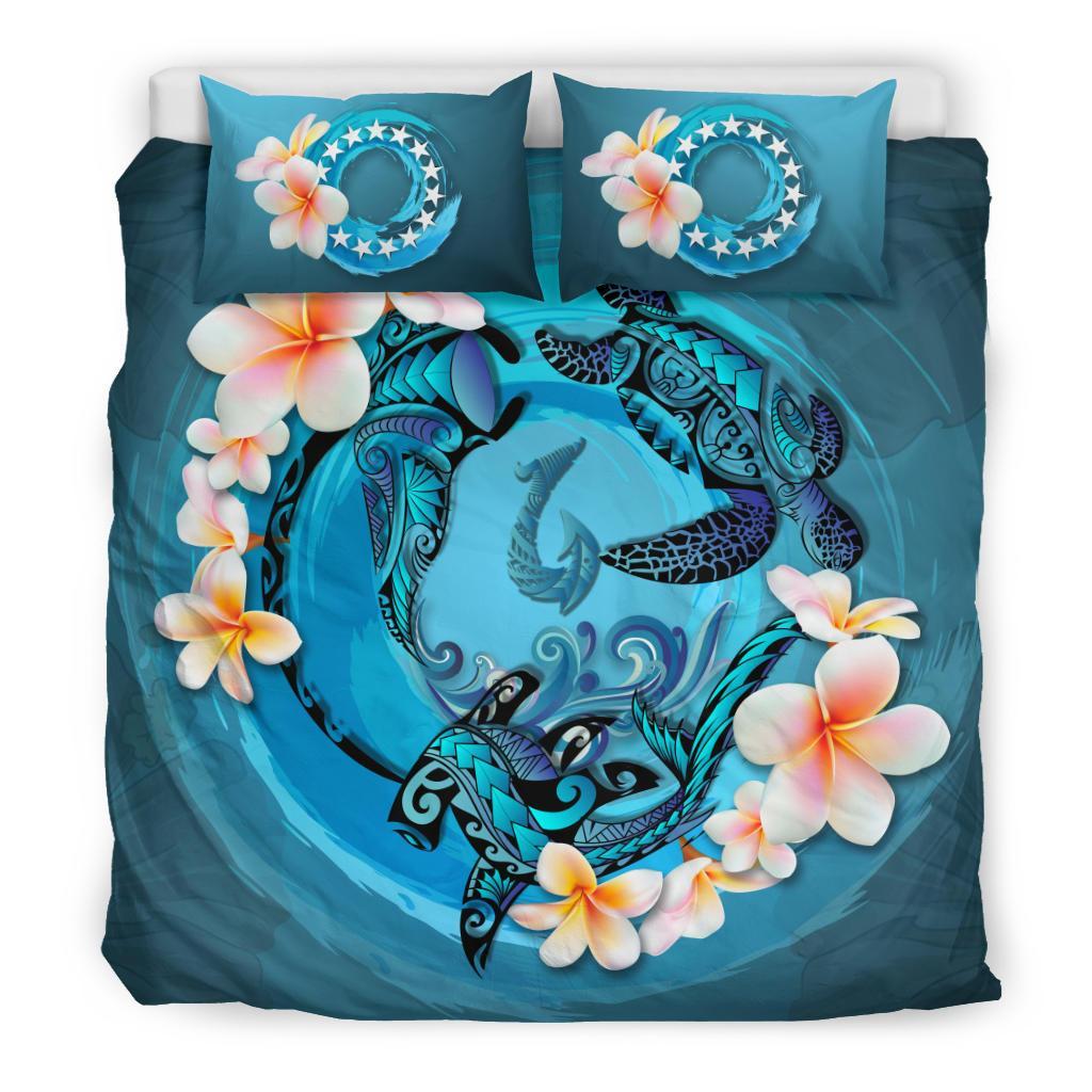 Polynesian Duvet Cover Set - Cook Islands Bedding Set Blue Plumeria Animal Tattoo - Polynesian Pride