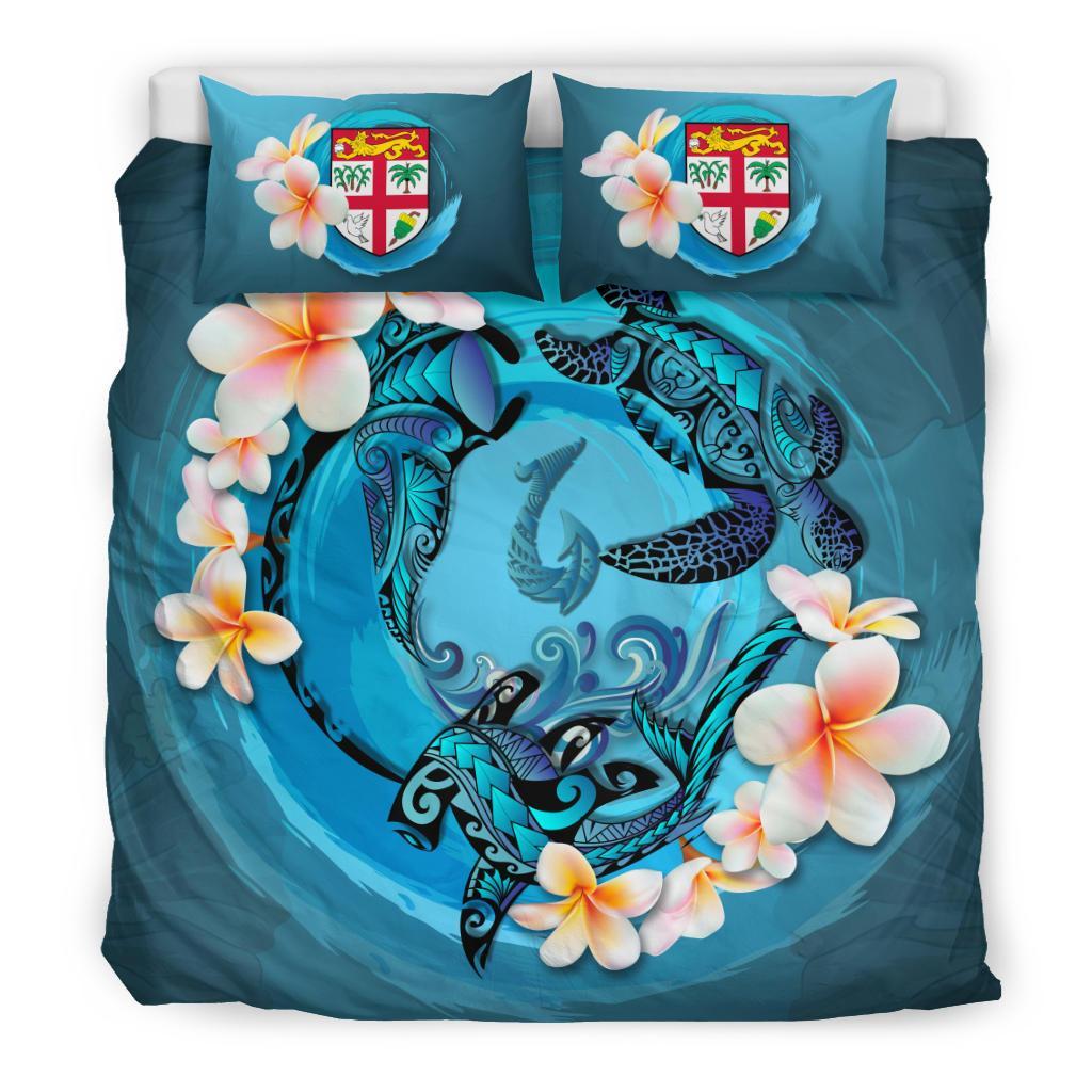 Polynesian Duvet Cover Set - Fiji Bedding Set Blue Plumeria Animal Tattoo Blue - Polynesian Pride