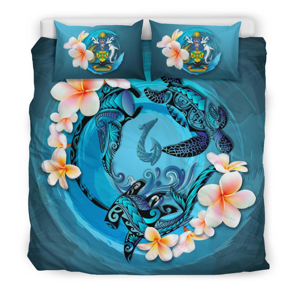 Polynesian Duvet Cover Set - Solomon Islands Bedding Set Blue Plumeria Animal Tattoo Blue - Polynesian Pride