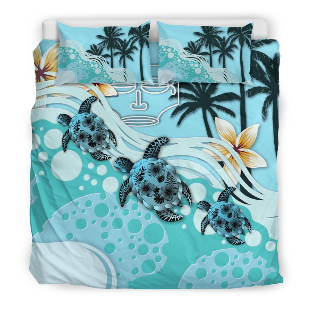 Polynesian Duvet Cover Set - Marquesas Islands Bedding Set Blue Turtle Hibiscus Blue - Polynesian Pride