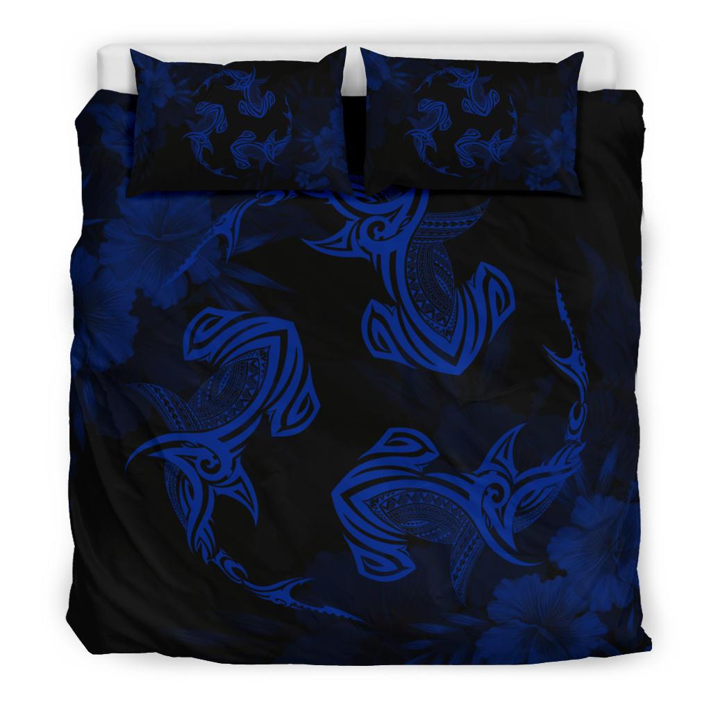 Hawaiian Hammerhead Shark Hibiscus Blue Polynesian Bedding Set - Polynesian Pride