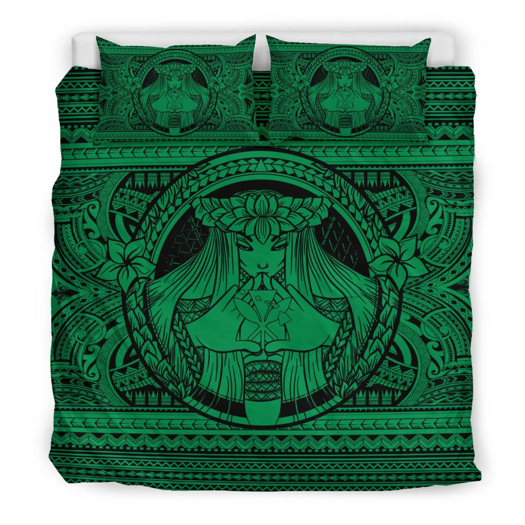 Hawaiian Map Madame Pele Kanaka Plumeria Polynesian Bedding Set Green - Polynesian Pride