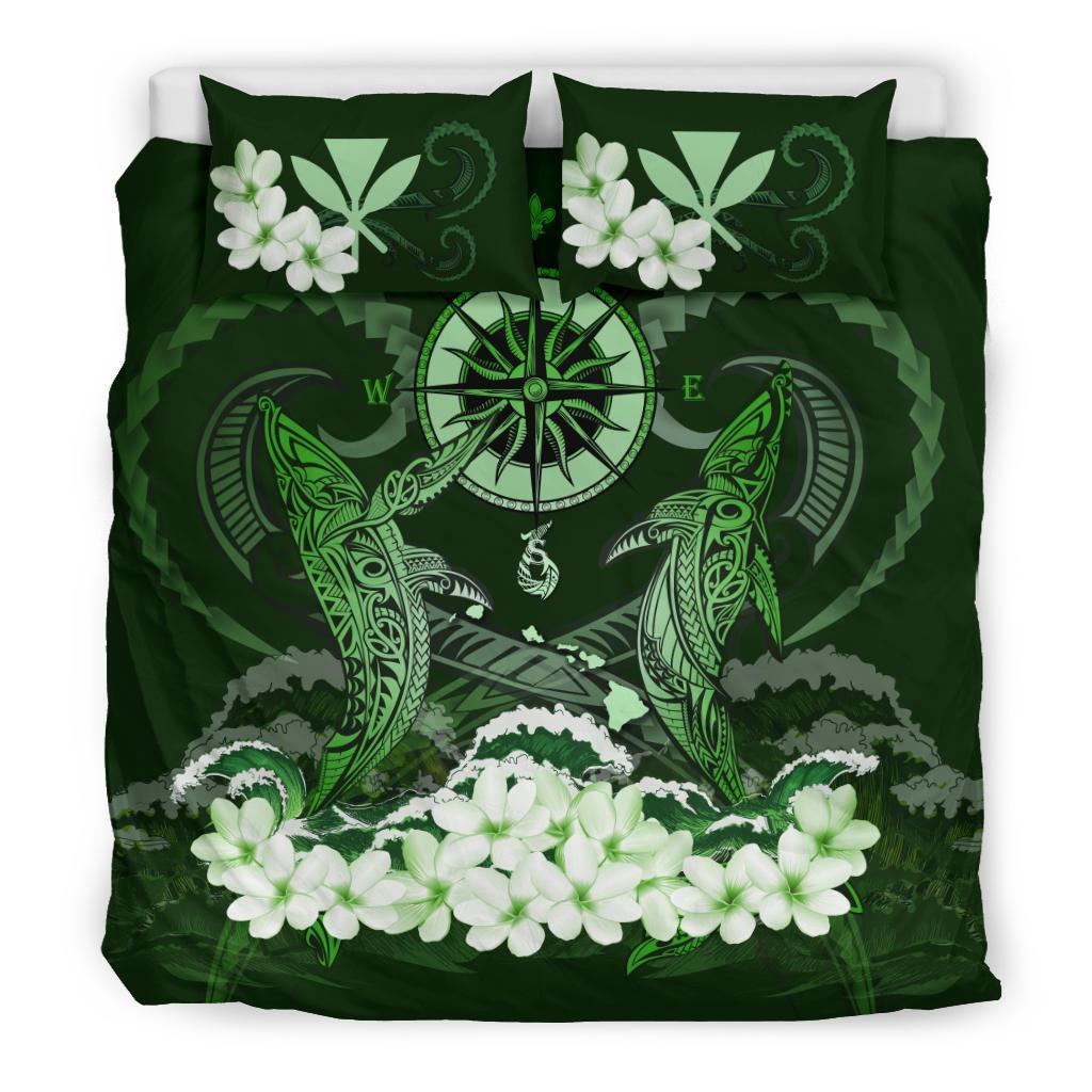 Polynesian Duvet Cover Set - Hawaii Bedding Set Shark Polynesia Compass Plumeria Green Green - Polynesian Pride