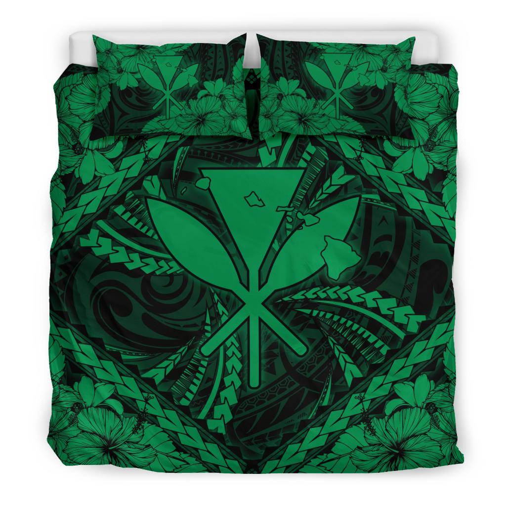 Hawaiian Map Kanaka Hibiscus Green Polynesian Bedding Set - Polynesian Pride