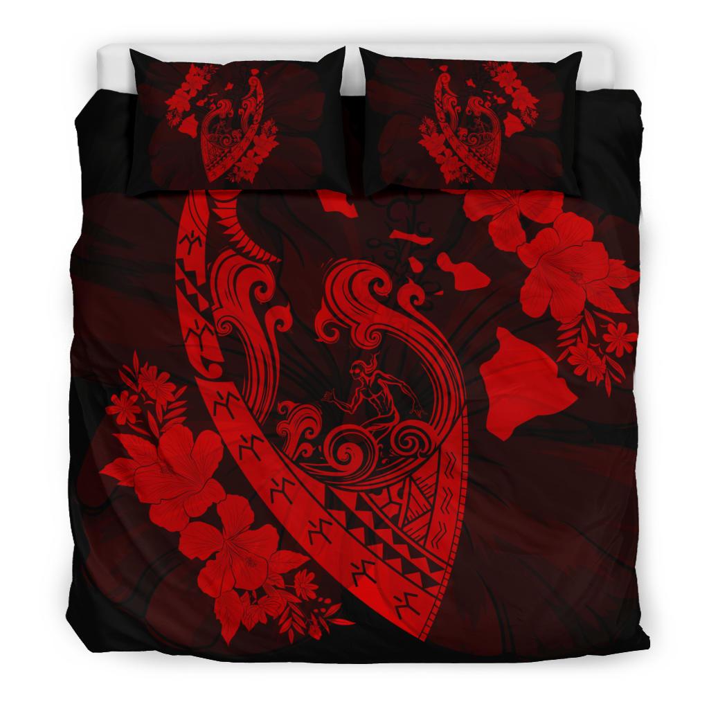 Hawaiian Fish Hook Hibiscus Banzai Surfing Polynesian Bedding Set Red - Polynesian Pride