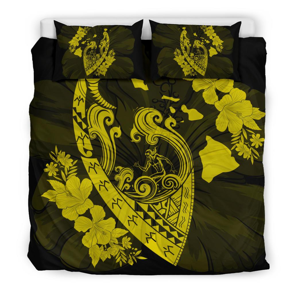 Hawaiian Fish Hook Hibiscus Banzai Surfing Polynesian Bedding Set Yellow - Polynesian Pride