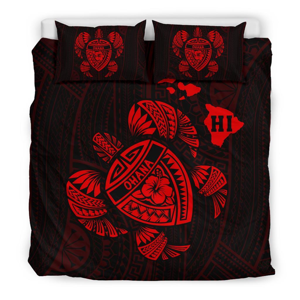 Hawaiian Map Turtle Ohana Hibicus Polynesian Bedding Set - Red - Polynesian Pride