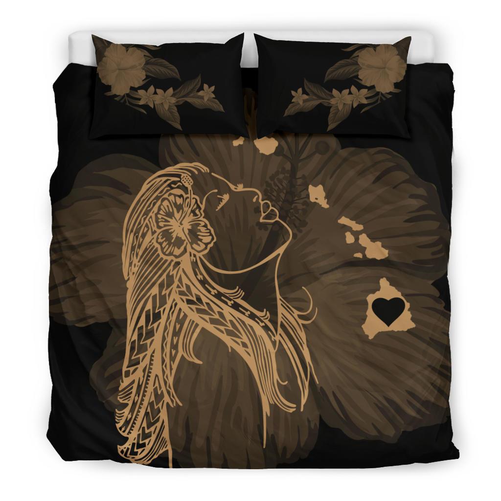 Hawaiian Map Heart Hula Girl Hibiscus Polynesian Bedding Set - Gold - Polynesian Pride