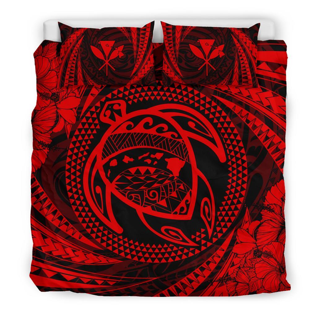Hawaiian Kanaka Honu Hibiscus Tornado Red Polynesian Bedding Set - Polynesian Pride