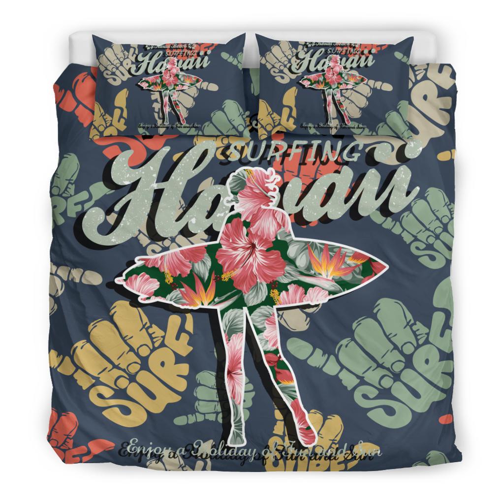 Hawaiian Hibiscus Shaka Banzai Pipeline Surfing Girl Bedding Set Pink - Polynesian Pride