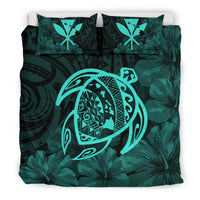 Hawaiian Map Turtle Kanaka Hibiscus Polynesian Bedding Set - Turquoise - Polynesian Pride