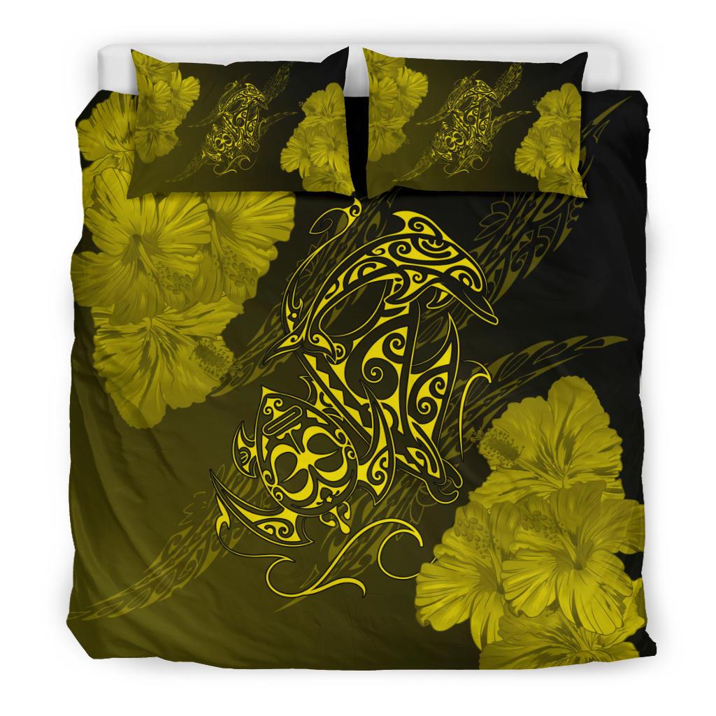 Hawaiian Hibiscus Dolphin Manta Ray Turtle Polynesian Bedding Set Waves Yellow Yellow - Polynesian Pride