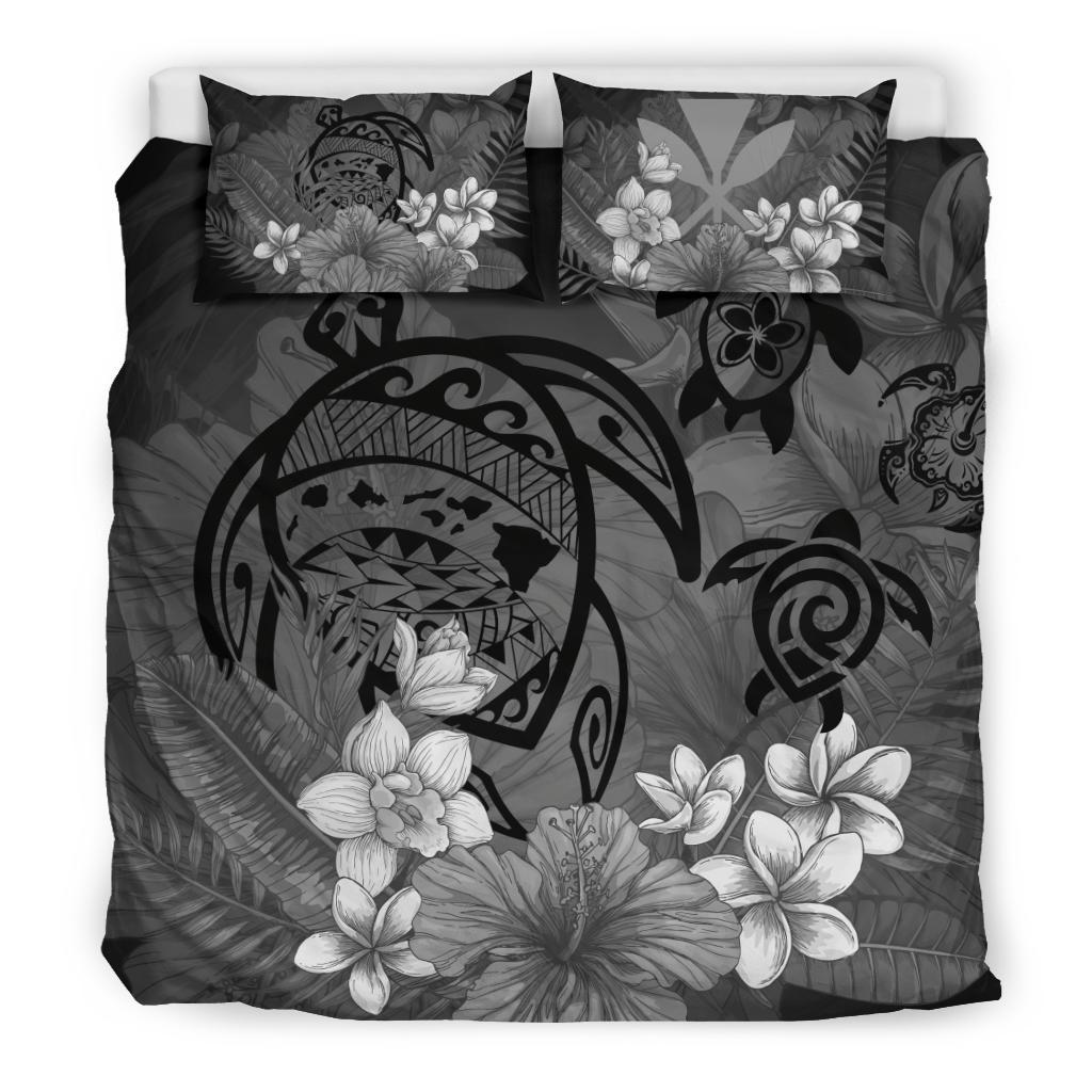 Hawaiian Map Hibiscus Plumeria Kanaka Bouquet Turtle Polynesian Bedding Set - Gray - Polynesian Pride