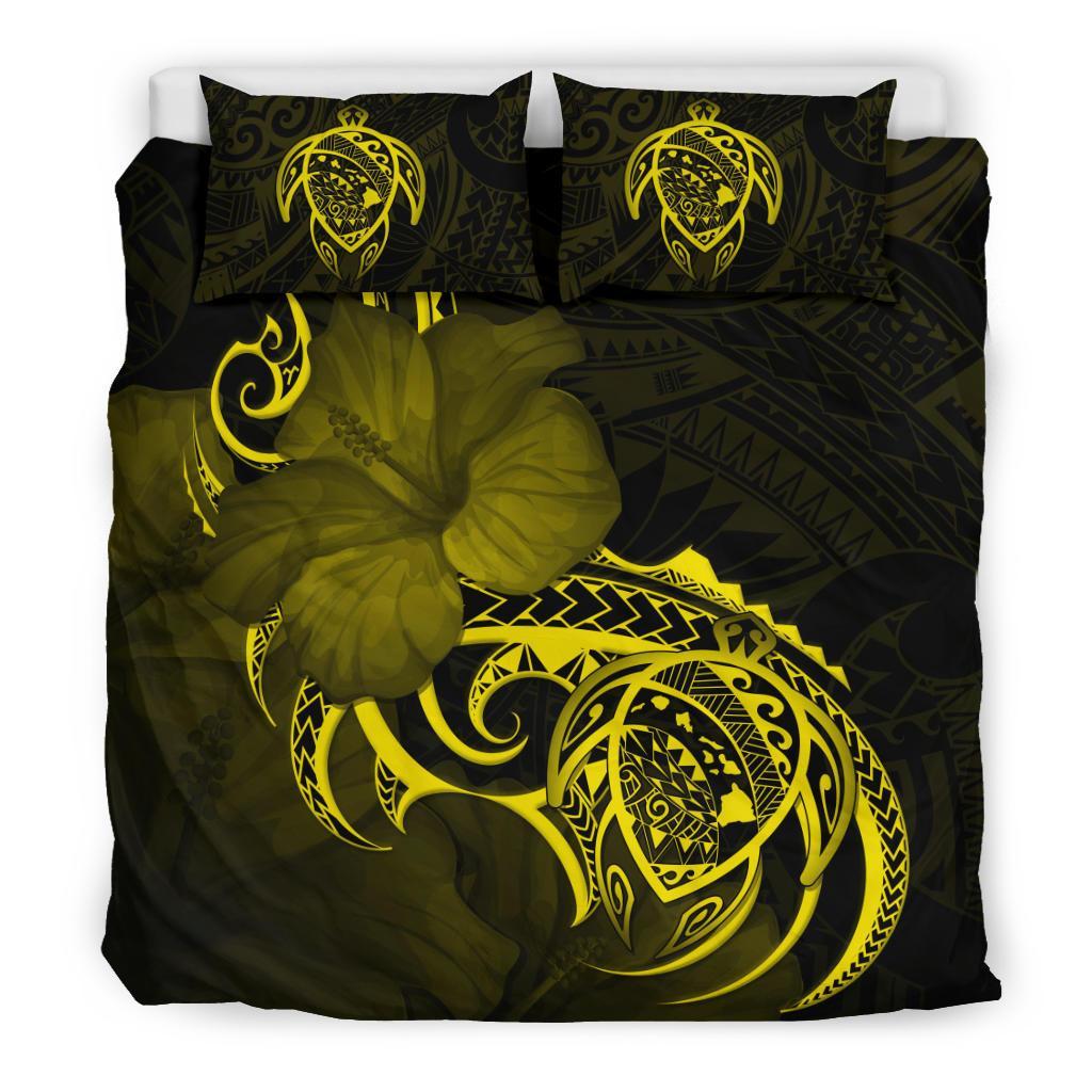 Hawaiian Map Turtle Hibiscus Divise Yellow Polynesian Bedding Set - Polynesian Pride