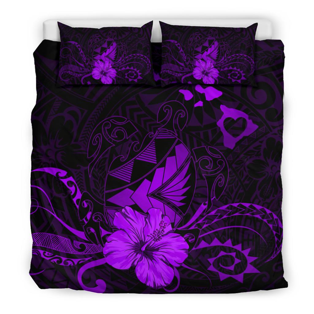 Hawaiian Map Heart Turtle Tattoo Hibiscus Polynesian Bedding Set - Purple - Polynesian Pride
