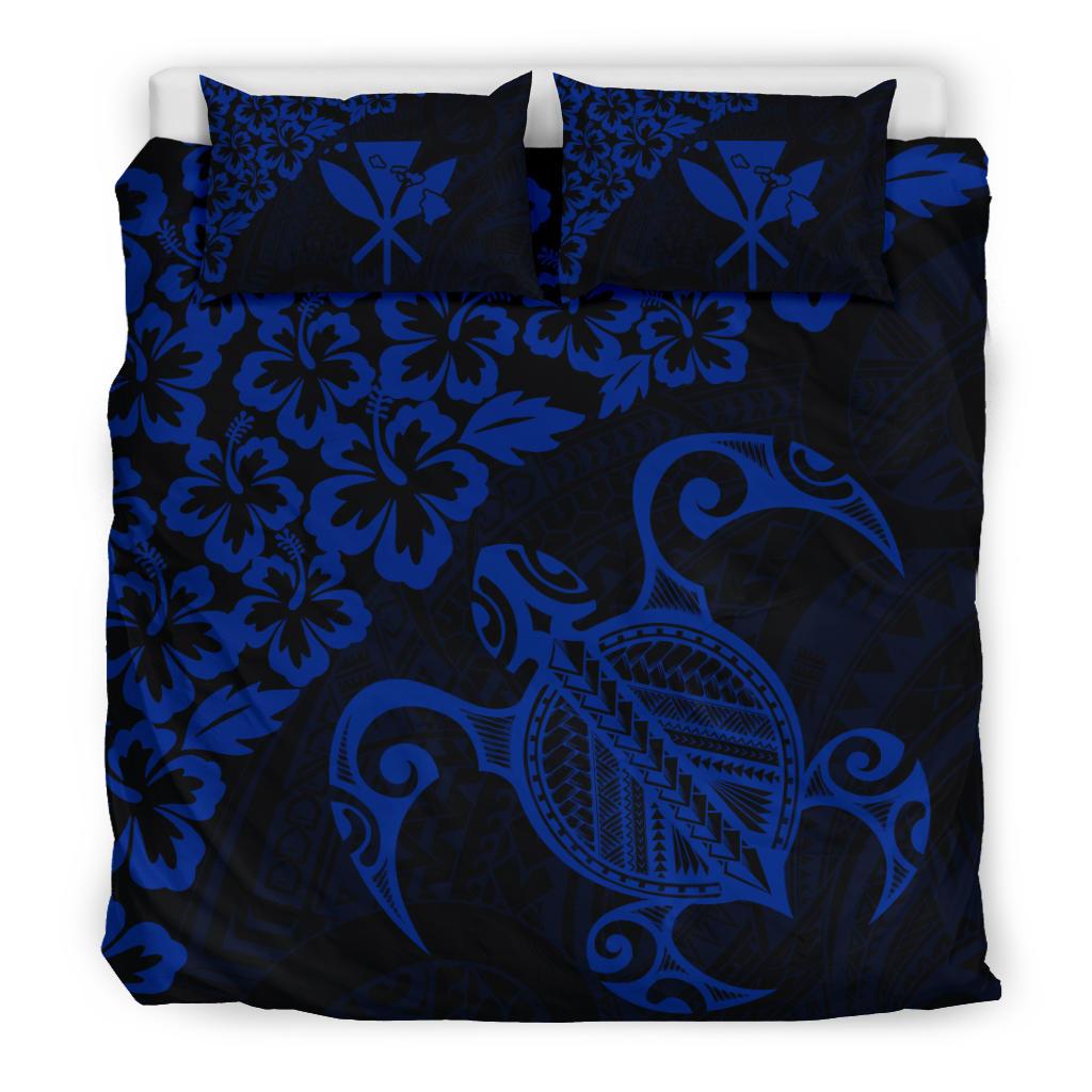 Hawaiian Map Turtle Hibiscus Kanaka Polynesian Bedding Set - Blue - Polynesian Pride
