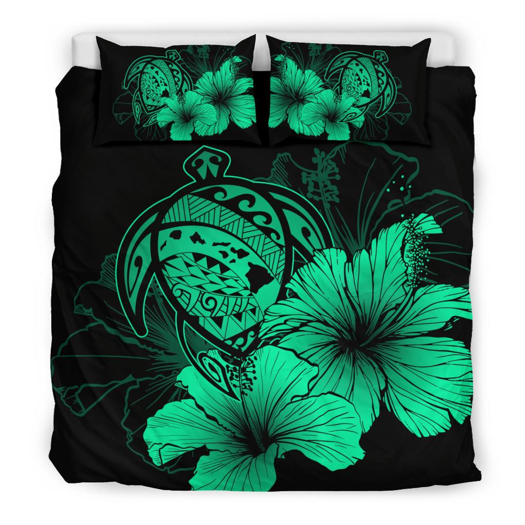 Hawaiian Map Hibiscus Turtle Polynesian Bedding Set - Pastel Green - Polynesian Pride