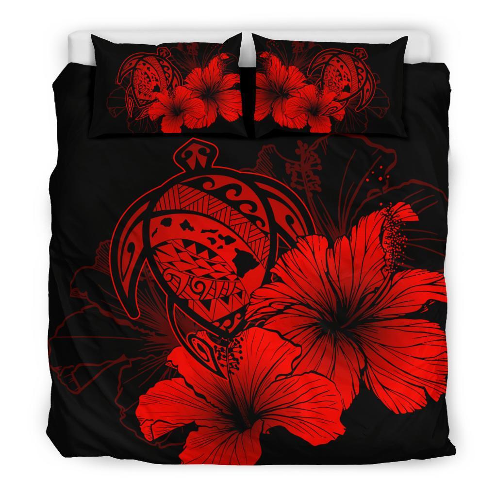 Hawaiian Map Hibiscus Turtle Polynesian Bedding Set - Red - Polynesian Pride
