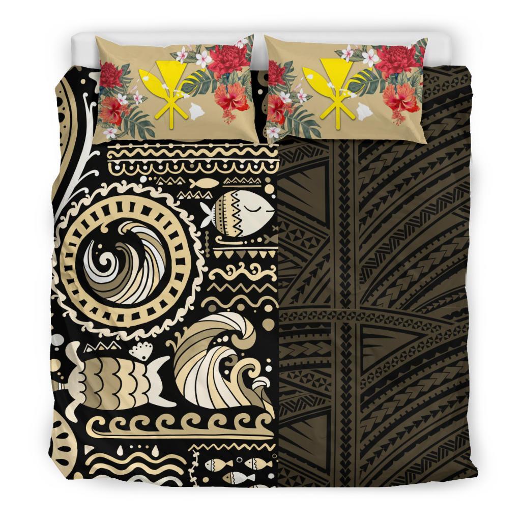 Polynesian Duvet Cover Set - Hawaii Bedding Set Gold Polynesian Hibiscus Tribal style Black - Polynesian Pride