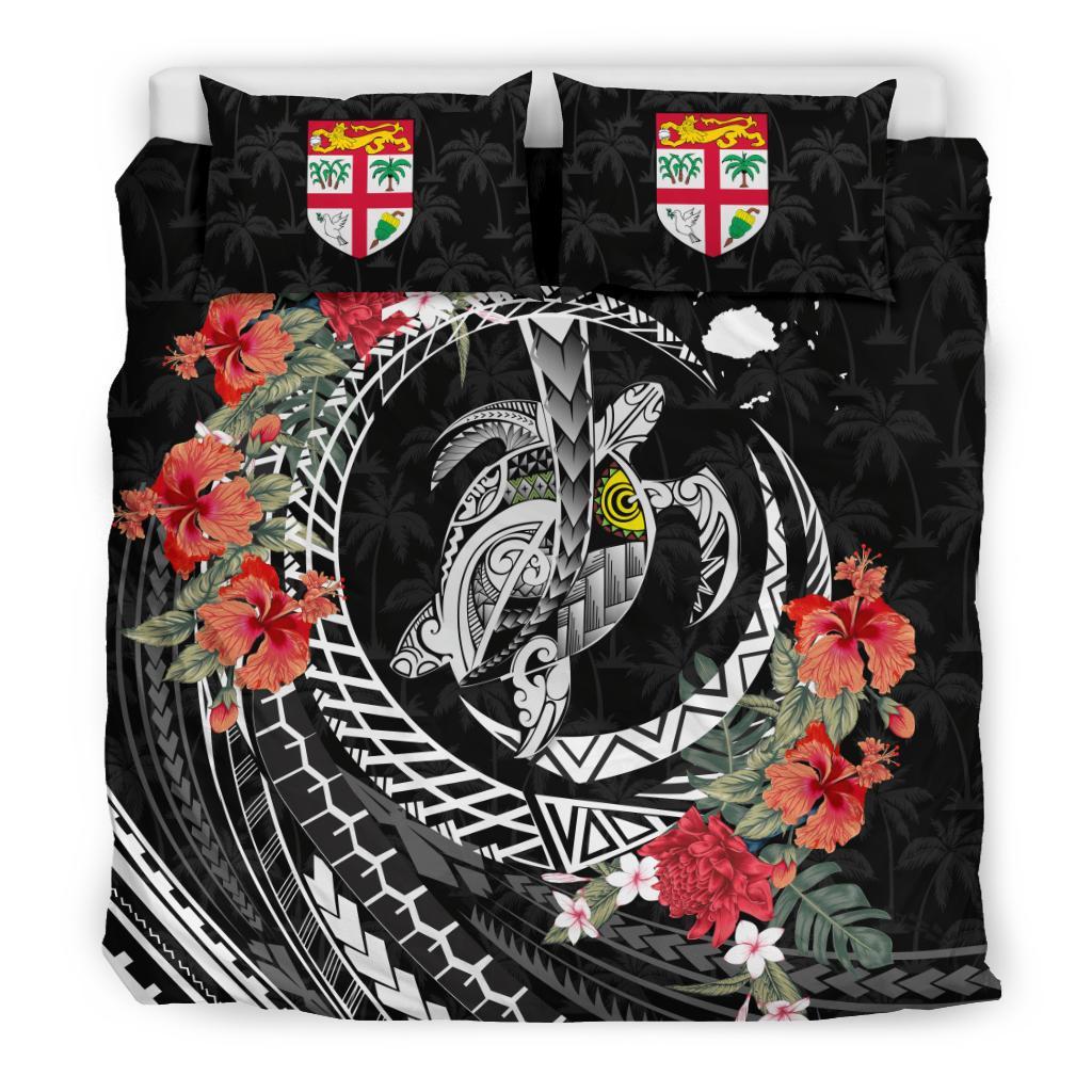 Polynesian Duvet Cover Set - Fiji Bedding Set Polynesia Map Turtle Hibiscus Black - Polynesian Pride