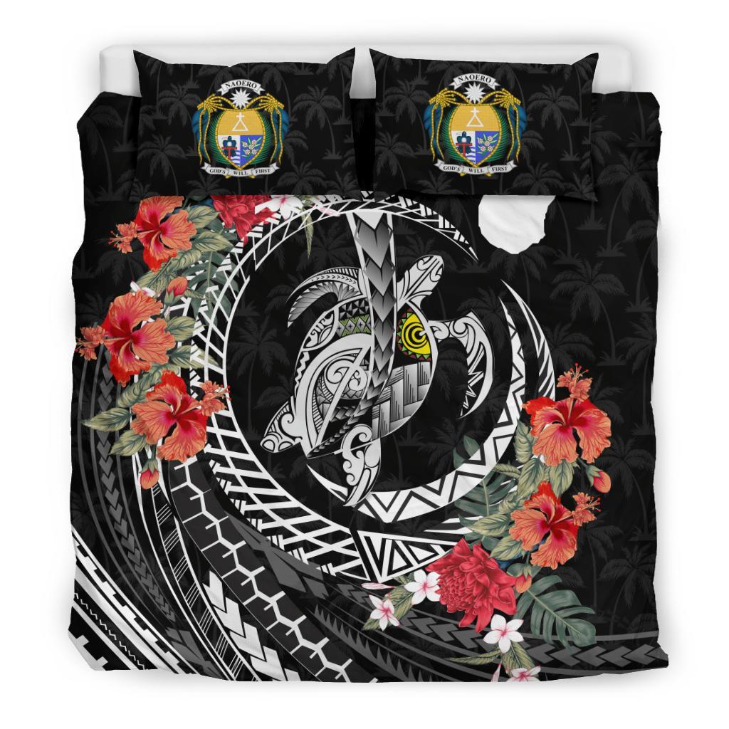 Polynesian Duvet Cover Set - Nauru Bedding Set Polynesia Map Turtle Hibiscus Black - Polynesian Pride