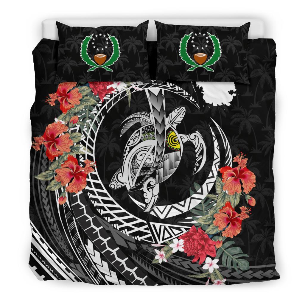 Polynesian Duvet Cover Set - Pohnpei Bedding Set Polynesia Map Turtle Hibiscus Black - Polynesian Pride