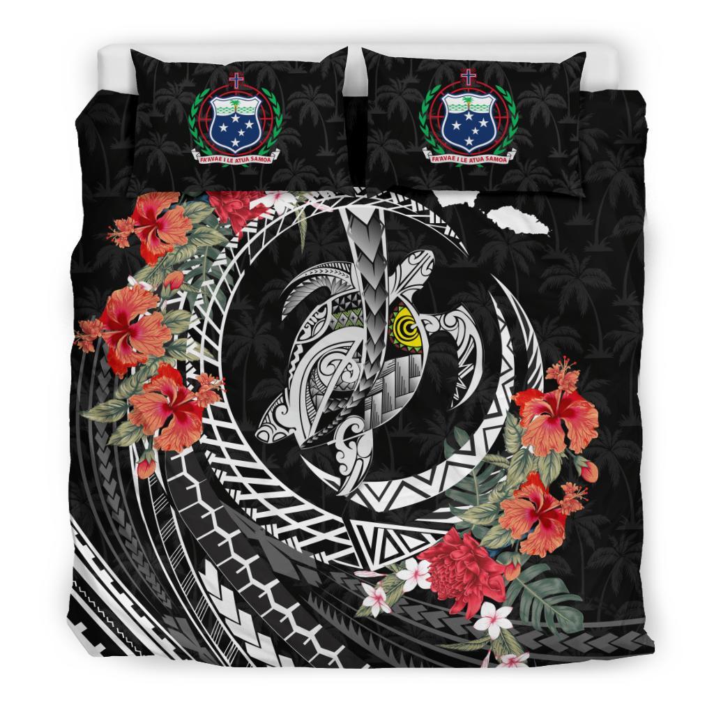 Polynesian Duvet Cover Set - Samoa Bedding Set Polynesia Map Turtle Hibiscus Black - Polynesian Pride