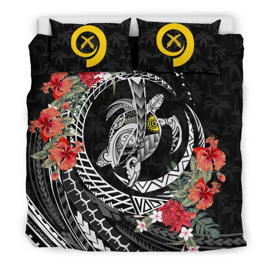 Polynesian Duvet Cover Set - Vanuatu Bedding Set Polynesia Map Turtle Hibiscus Black - Polynesian Pride