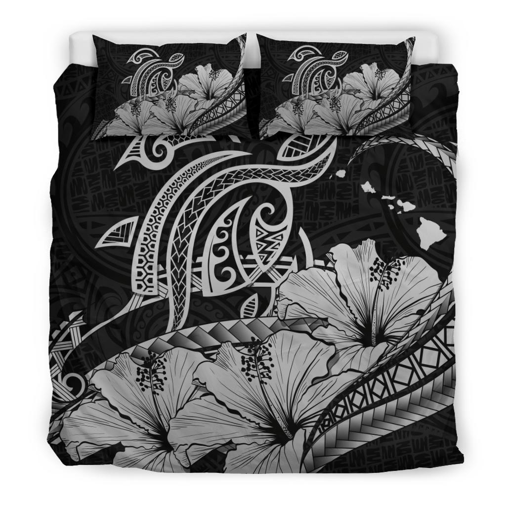 Hawaiian Map Hibiscus Turtle Polynesian Bedding Set Gray - Polynesian Pride