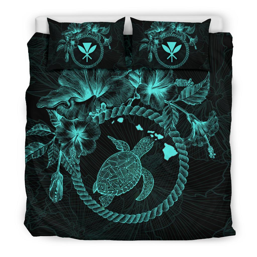 Polynesian Hawaii Bedding Set - Blue Turtle Hibiscus Flower Frame Vintage - Polynesian Pride