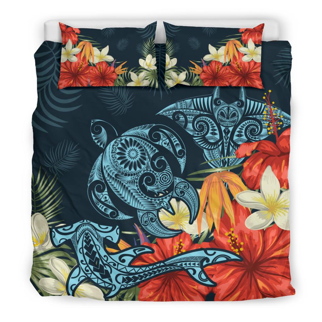Hawaii Turtle Shark Manta Ray Hibiscus Plumeria Bedding Set - Polynesian Pride