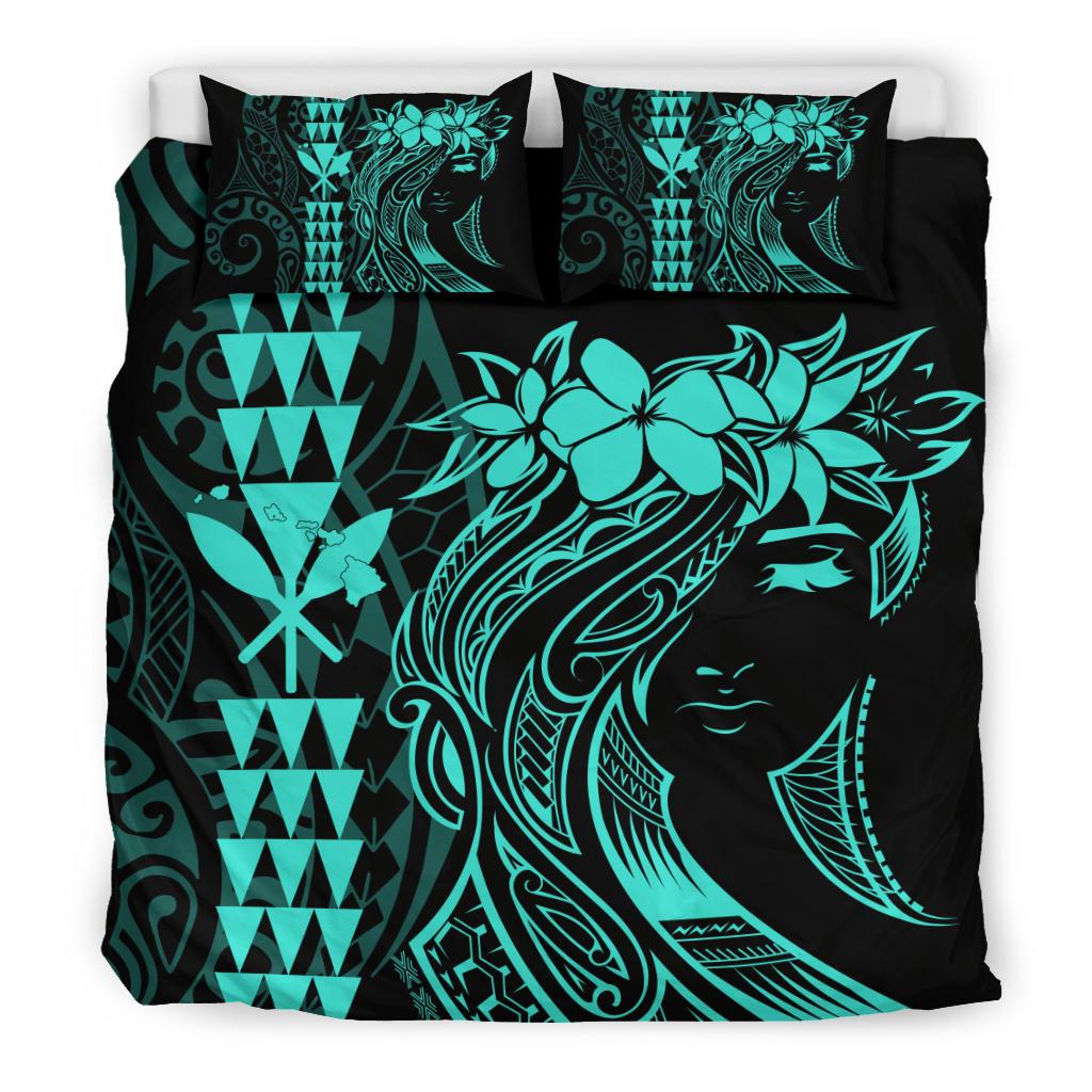 Hawaii Map Kanaka Polynesian Hula Girl Bedding Set - Turquoise - Polynesian Pride
