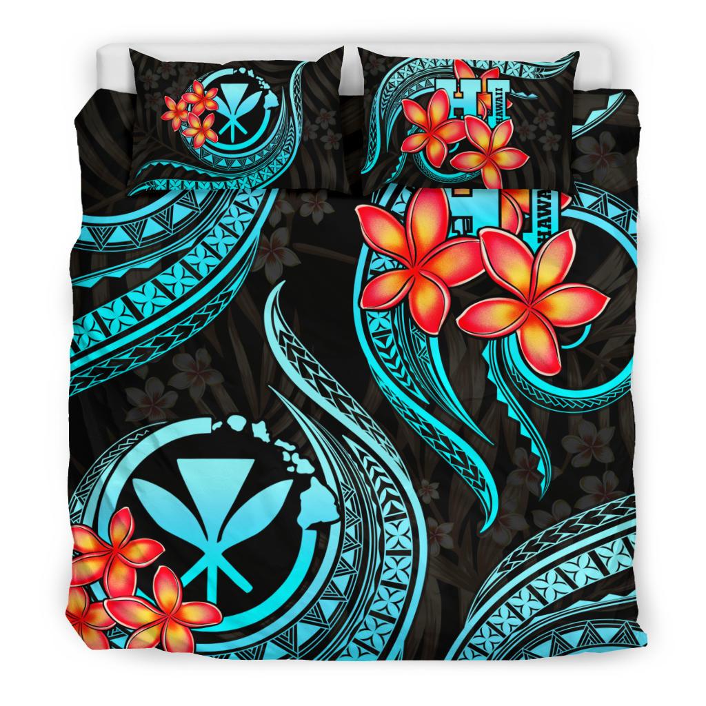 Polynesian Bedding Set - Hawaii Duvet Cover Set - Turquoise Plumeria - Polynesian Pride