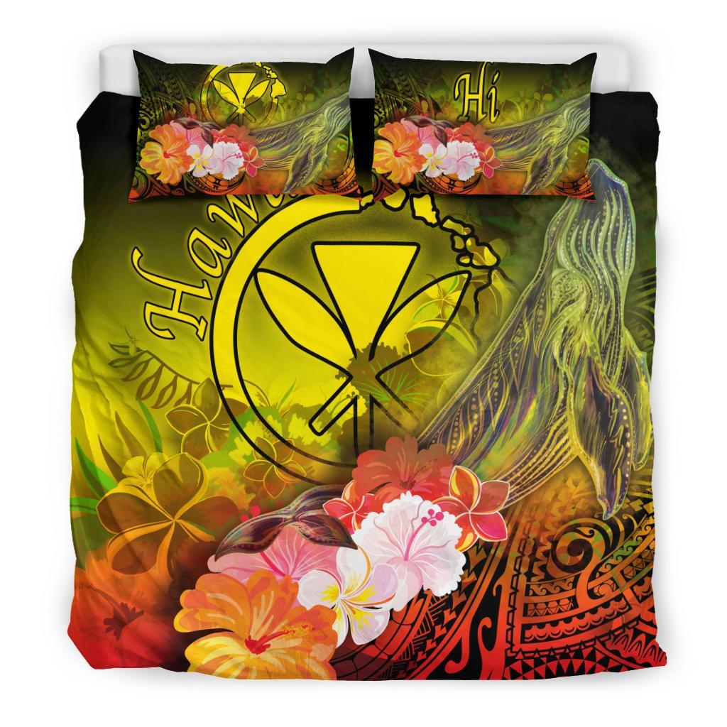 Polynesian Hawaii Bedding Set - Kanaka Maoli Humpback Whale with Tropical Flowers (Yellow) - Polynesian Pride