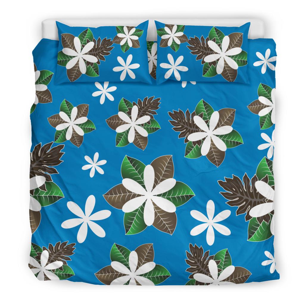 Hawaii Bedding Set - Hawaii Plumeria Blue Bedding Set - Jog Style - Polynesian Pride