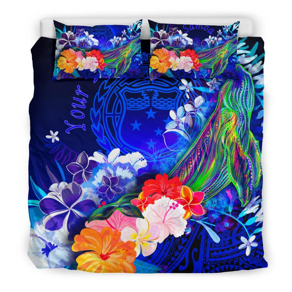 Custom Personalised Samoa Bedding Set - Humpback Whale with Tropical Flowers (Blue) - Polynesian Pride