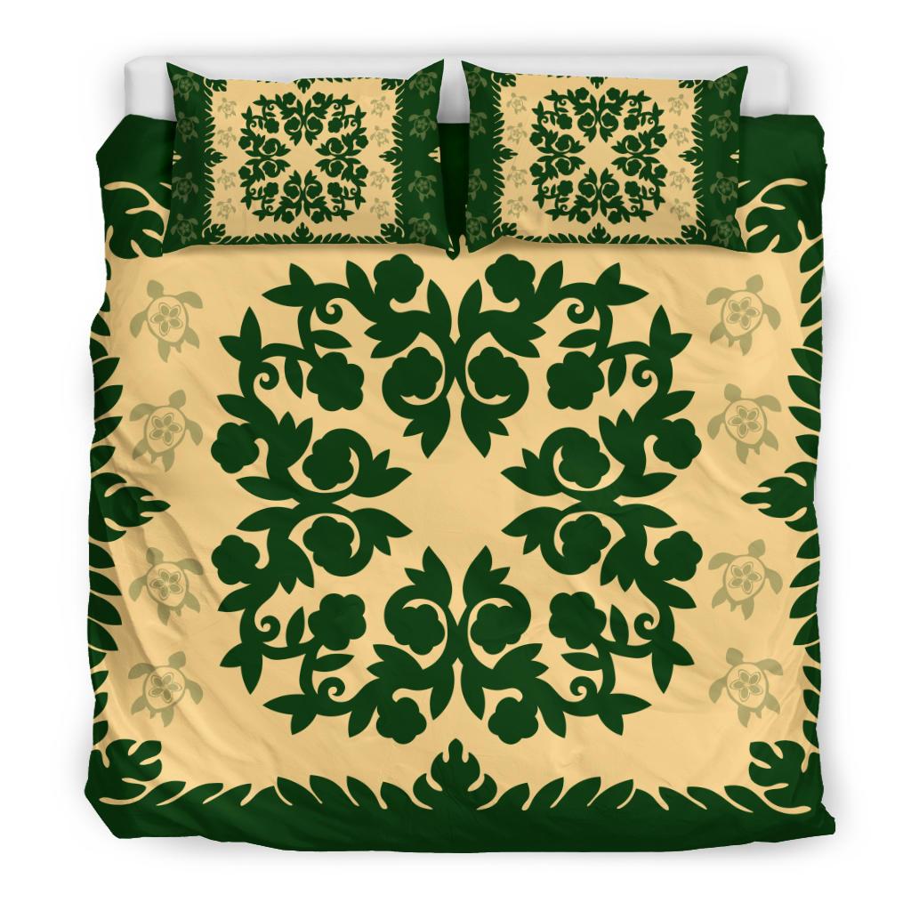 Hawaii Bedding Set - Hawaiian Quilt Plumeria Medallion Green Bedding Set - AH - Polynesian Pride
