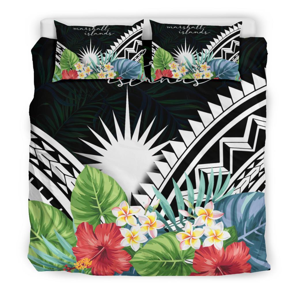 Marshall Islands Bedding Set - Marshall Islands Coat of Arms & Polynesian Tropical Flowers White - Polynesian Pride