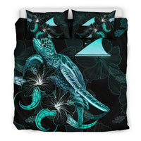 Tokelau Polynesian Bedding Set - Turtle With Blooming Hibiscus Turquoise - Polynesian Pride