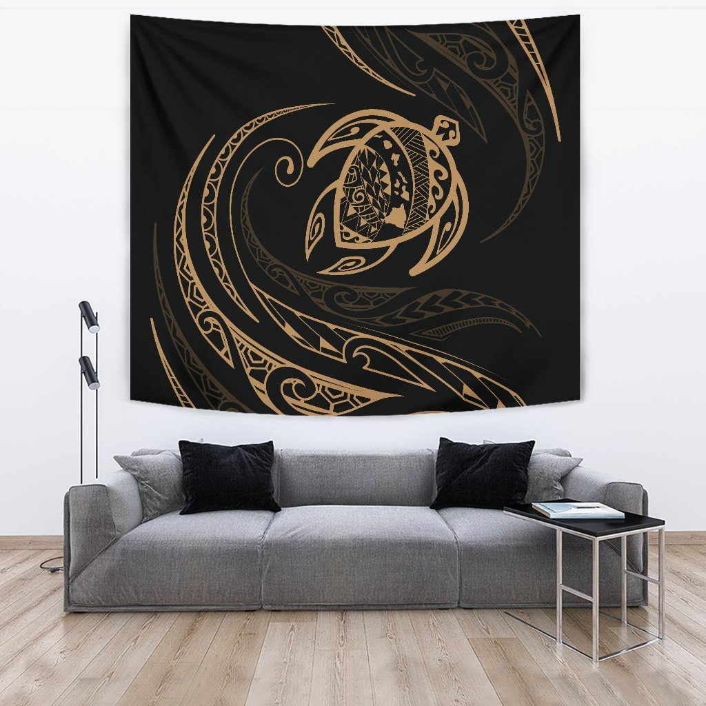 Hawaii Turtle Tapestry - Gold - Frida Style Wall Tapestry Black - Polynesian Pride
