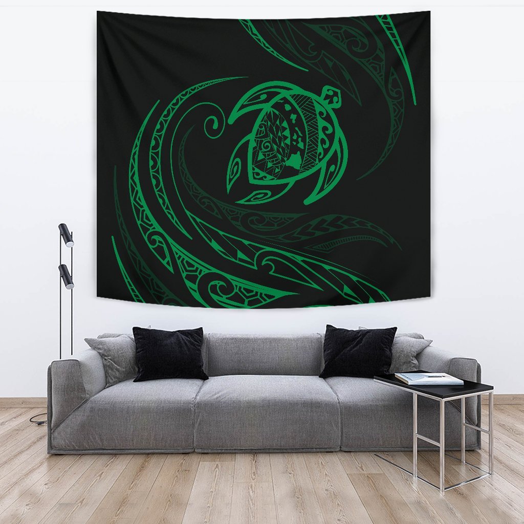 Hawaii Turtle Tapestry - Green - Frida Style Wall Tapestry Black - Polynesian Pride