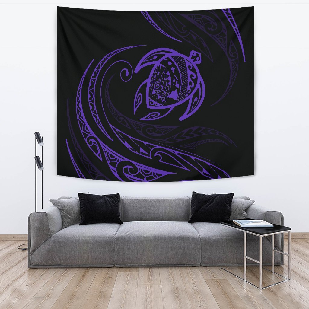 Hawaii Turtle Tapestry - Purple - Frida Style Wall Tapestry Black - Polynesian Pride