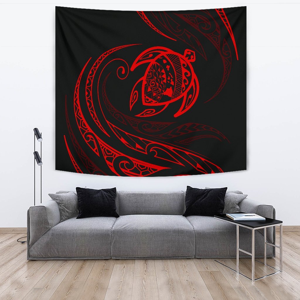 Hawaii Turtle Tapestry - Red - Frida Style Wall Tapestry Black - Polynesian Pride