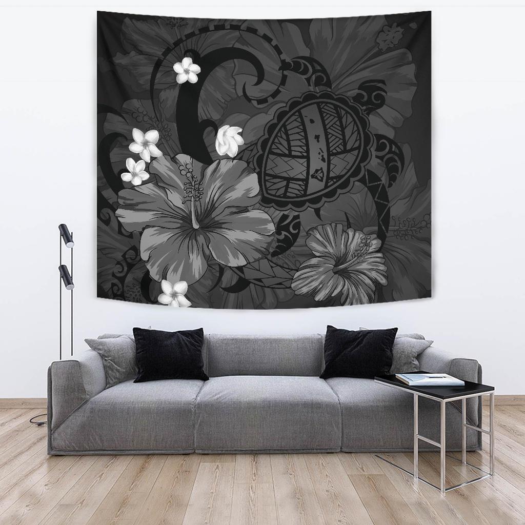 Hawaii Turtle Poly Tribal Gray Tapestry Wall Tapestry Gray - Polynesian Pride
