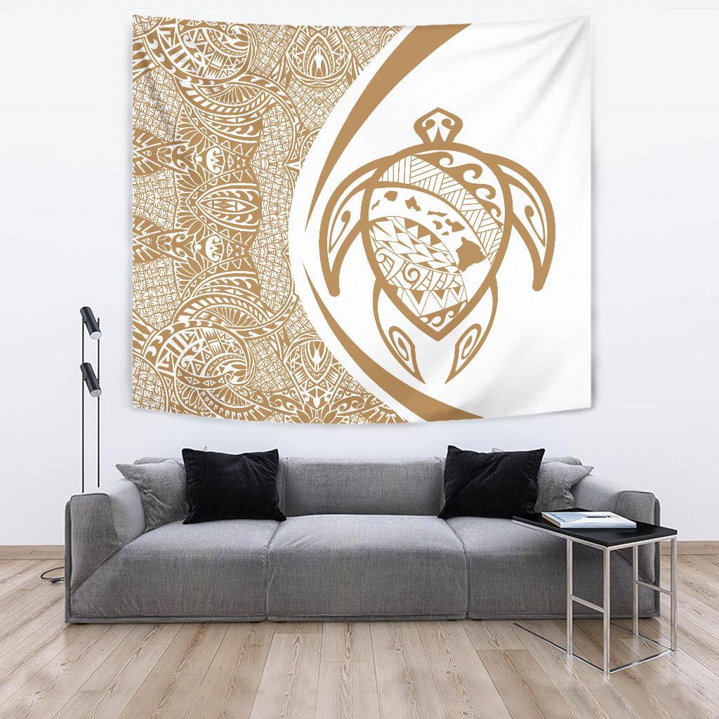 Hawaii Turtle Map Polynesian Tapestry - Circle Style Wall Tapestry Gold - Polynesian Pride