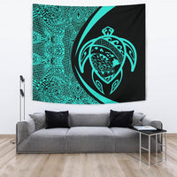 Hawaii Turtle Map Polynesian Tapestry - Turquoise - Circle Style Wall Tapestry Large 104" x 88" Blue - Polynesian Pride